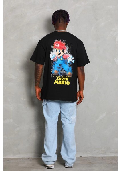 Unisex Oversize Baskılı Bisiklet Yaka T-Shirt - Siyah -Vlmr indirimleri