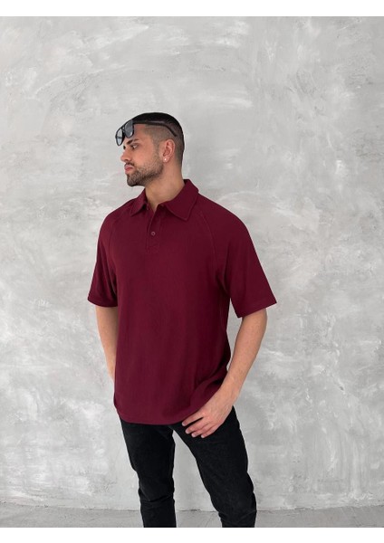 Yakalı Patlı Kısa Kol T-Shirt - Bordo -Vlmr