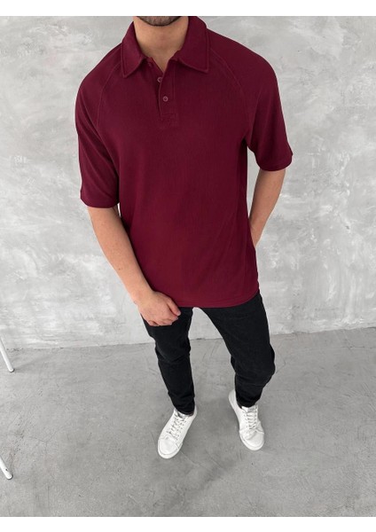 Yakalı Patlı Kısa Kol T-Shirt - Bordo -Vlmr modelleri