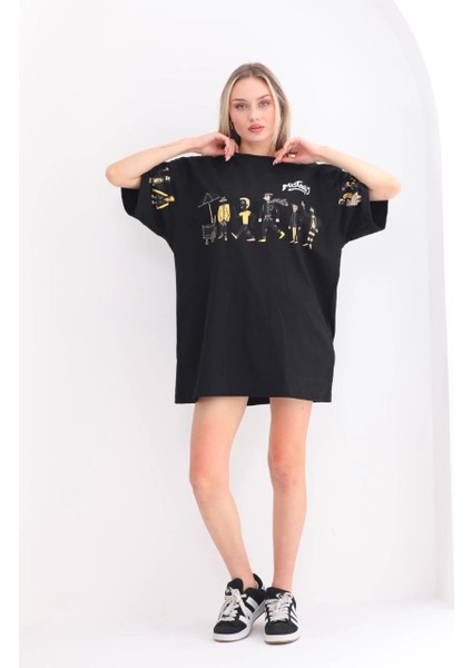 Unisex Bisiklet Yaka Baskılı Oversize T-Shirt - Siyah -Vlmr