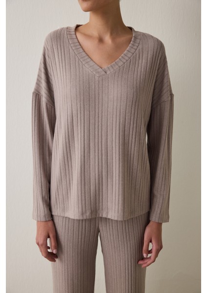 Latte Mocha Soft V Yaka Uzun Kol Pijama Takımı
