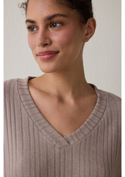 Latte Mocha Soft V Yaka Uzun Kol Pijama Takımı