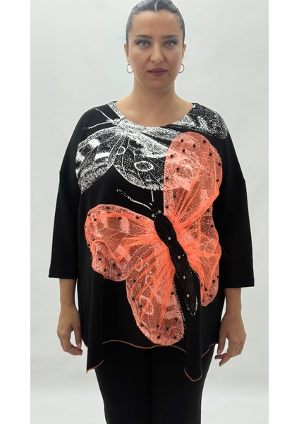 Büyük Beden Viskon Taşlı Boncuk Detaylı Kapri Kol Oversize Kadın Bluz