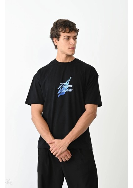 Unisex Bisiklet Yaka Baskılı Oversize T-Shirt - Siyah -Vlmr