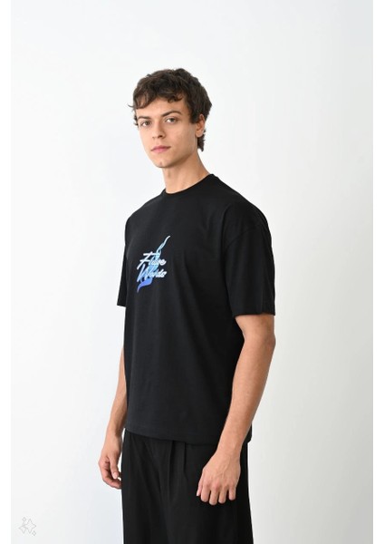 Unisex Bisiklet Yaka Baskılı Oversize T-Shirt - Siyah -Vlmr modelleri