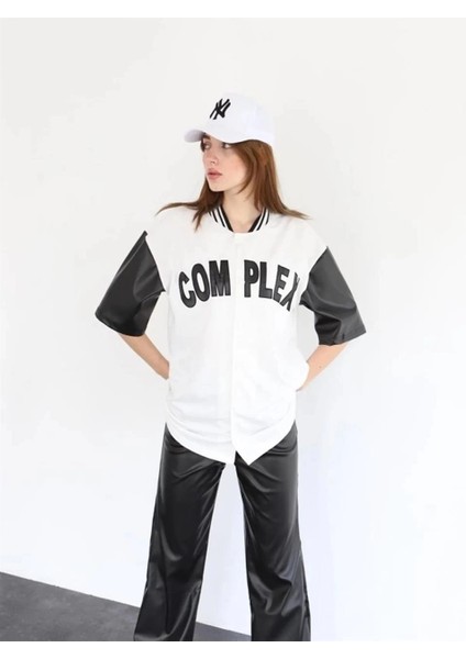 Kadın Complex Kolları Deri Kolej Oversize T-Shirt - Beyaz -Vlmr fiyatları