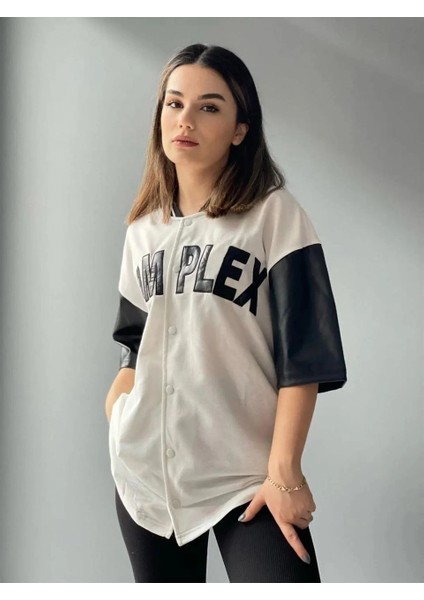 Kadın Complex Kolları Deri Kolej Oversize T-Shirt - Beyaz -Vlmr indirimleri