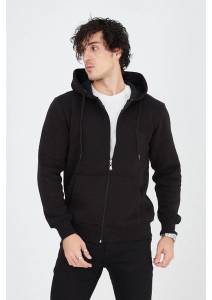 Erkek Kapüşonlu Düz Fermuarlı Hırka - Siyah -Vlmr