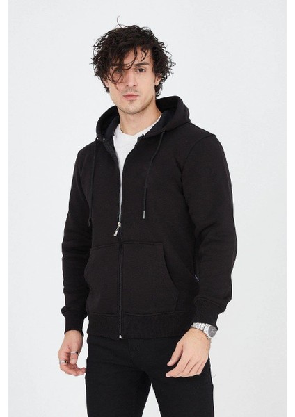 Erkek Kapüşonlu Düz Fermuarlı Hırka - Siyah -Vlmr fiyatları