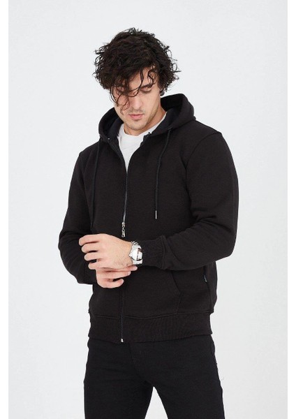 Erkek Kapüşonlu Düz Fermuarlı Hırka - Siyah -Vlmr modelleri