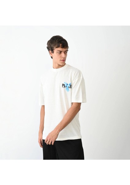 Unisex Bisiklet Yaka Baskılı Oversize T-Shirt - Beyaz -Vlmr