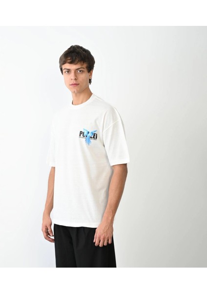 Unisex Bisiklet Yaka Baskılı Oversize T-Shirt - Beyaz -Vlmr modelleri