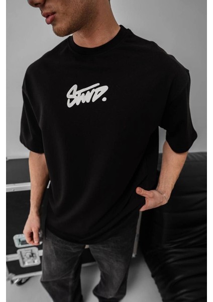 Erkek Baskılı Oversize T-Shirt - Siyah -Vlmr modelleri