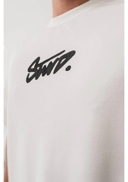 Erkek Baskılı Oversize T-Shirt - Beyaz -Vlmr