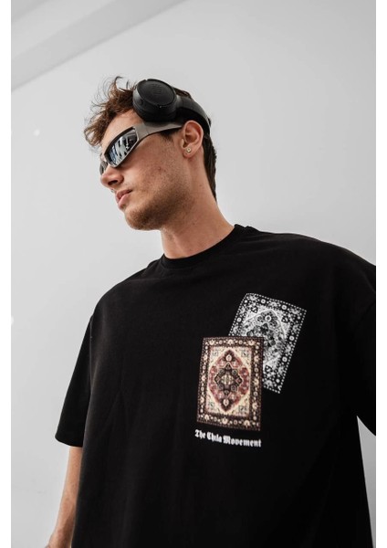 Erkek Baskılı Oversize T-Shirt - Siyah -Vlmr