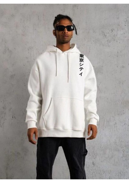 Unisex Kapşonlu Uzun Kol Baskılı Sweetshirt - Beyaz -Vlmr