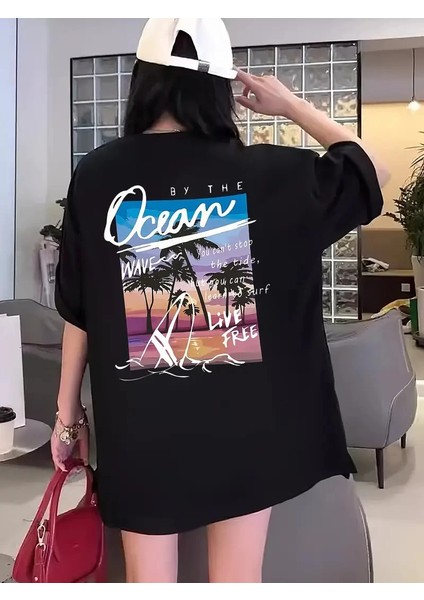 Kısa Kollu, Bol Kesim, Manzaralı Okyanus Baskı, Siyah -Vlmr