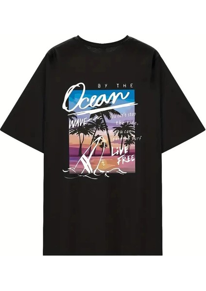 Kısa Kollu, Bol Kesim, Manzaralı Okyanus Baskı, Siyah -Vlmr modelleri