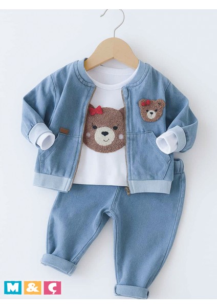 3lü Kombin Kız Erkek Bebek Ayıcık Pelüş Deseni Ceket Sweatshirt ve Pantolon Şık Tasarım Jean Takım fiyatları