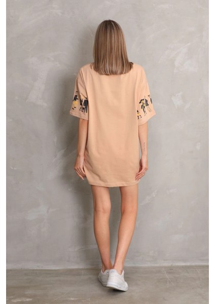 Unisex Bisiklet Yaka Baskılı Oversize T-Shirt - Bej -Vlmr indirimleri