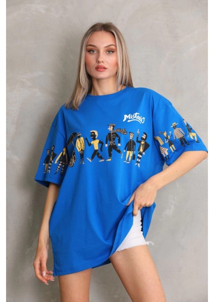 Unisex Bisiklet Yaka Baskılı Oversize T-Shirt - Mavi -Vlmr fırsatları