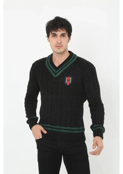 Erkek V Yaka Örgülü Kazak - Siyah -Vlmr