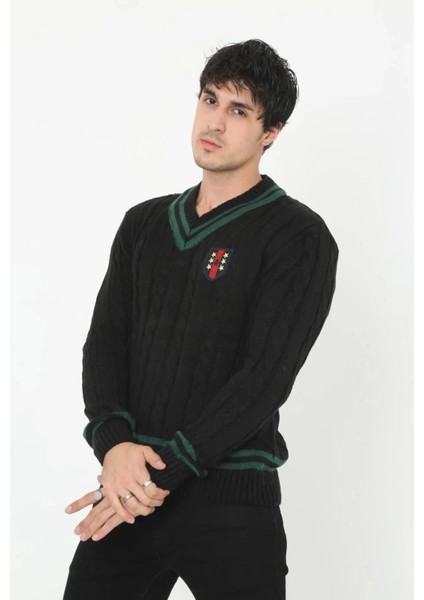 Erkek V Yaka Örgülü Kazak - Siyah -Vlmr fiyatları