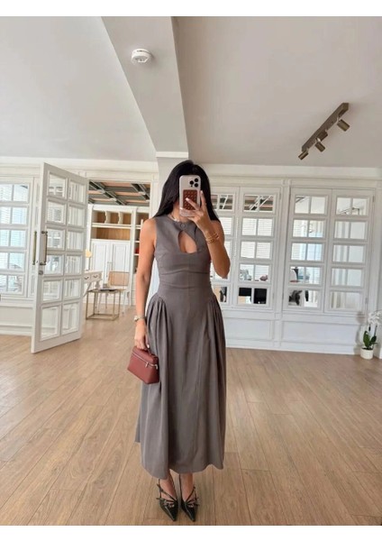 Kolsuz Uzun Kabardin Elbise - Gri -Vlmr modelleri