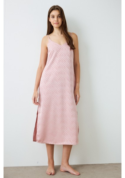 Gül Kurusu Emma Zebra Desenli V Yaka Saten Gecelik