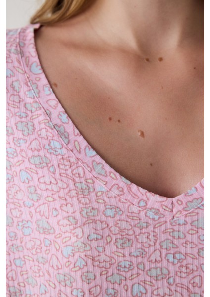 Açık Pembe Not Today Çiçekli V Yaka Uzun Kollu Pijama Üstü