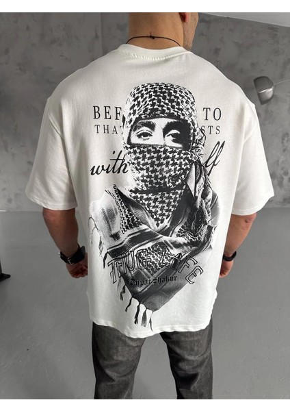 Unisex Baskılı Oversize T-Shirt - Beyaz -Vlmr