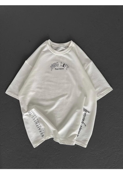 Unisex Baskılı Oversize T-Shirt - Beyaz -Vlmr indirimleri