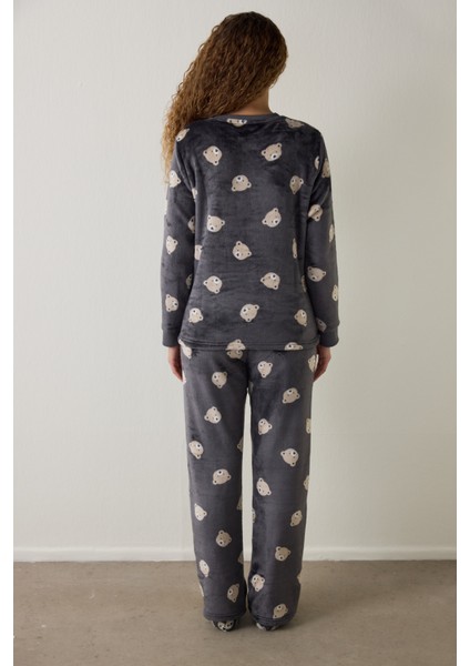 Koyu Gri Ayı Desenli Uzun Kollu Pijama Takımı