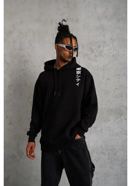 Unisex Kapşonlu Uzun Kol Baskılı Sweetshirt - Siyah -Vlmr