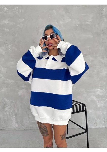 Unisex Üç Iplik Parçalı Yakalı Sweatshirt - Mavi