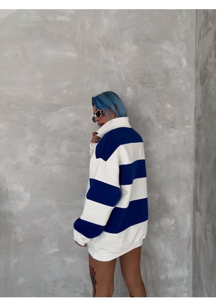 Unisex Üç Iplik Parçalı Yakalı Sweatshirt - Mavi fırsatları