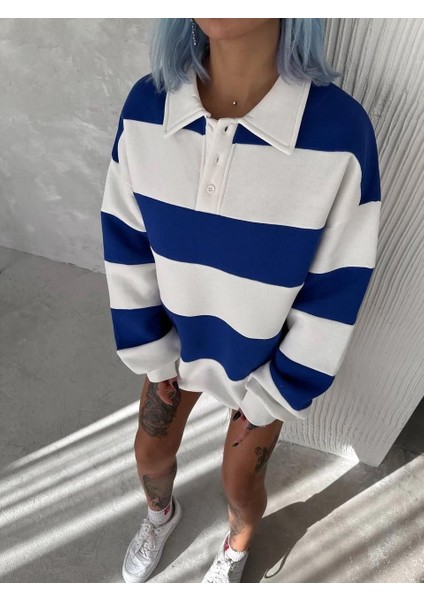 Unisex Üç Iplik Parçalı Yakalı Sweatshirt - Mavi