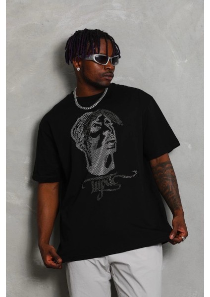 Unisex Oversize Taşlı Bisiklet Yaka T-Shirt - Siyah -Vlmr fiyatları