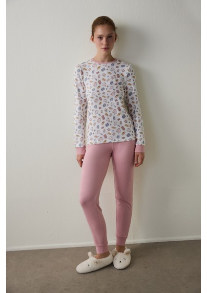 Tea Party Baskılı Bisiklet Yaka Uzun Kollu Pijama Üstü