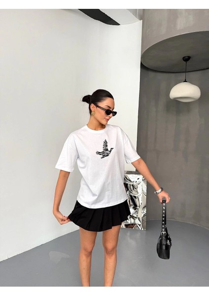 Kısa Kol Baskılı T-Shirt - Beyaz -Vlmr modelleri
