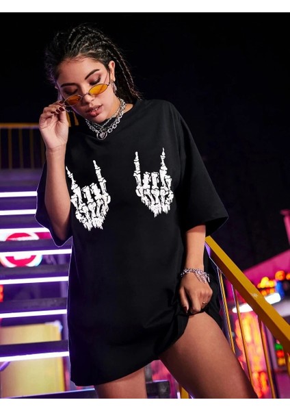 Kadın Baskılı Oversize T-Shirt - Siyah -Vlmr