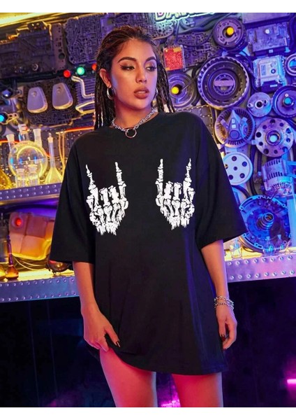 Kadın Baskılı Oversize T-Shirt - Siyah -Vlmr modelleri