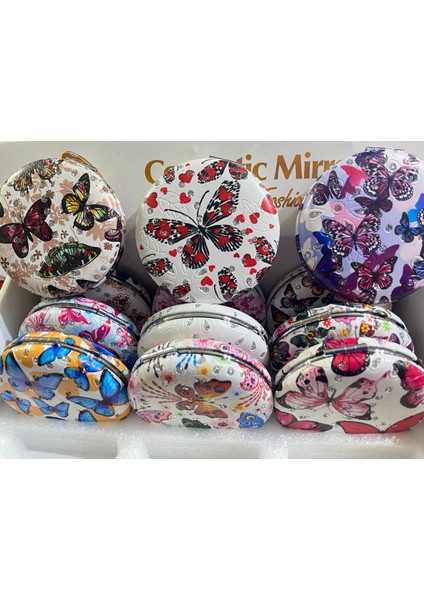 Yuvarlak Kelebek Desenli Taşlı Görünümlü Cep Aynası