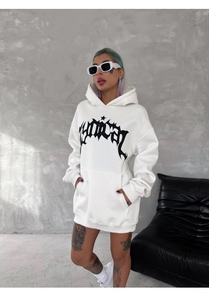 Unisex Üç Iplik Kapüşonlu Baskılı Sweatshirt - Beyaz fiyatları