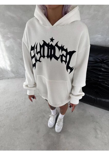 Unisex Üç Iplik Kapüşonlu Baskılı Sweatshirt - Beyaz modelleri