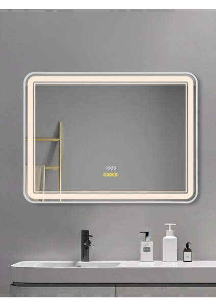 Akıllı Ayna Buğu Çözücülü Hareket Sensörlü 3 LED Işıklı Beyaz Çerçeveli Banyo Aynası 80 x 60 cm