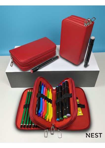 Sunii Deri Kırmızı 3 Fermuarlı Kalemlik, Cüzdan, Kadın Cüzdanı