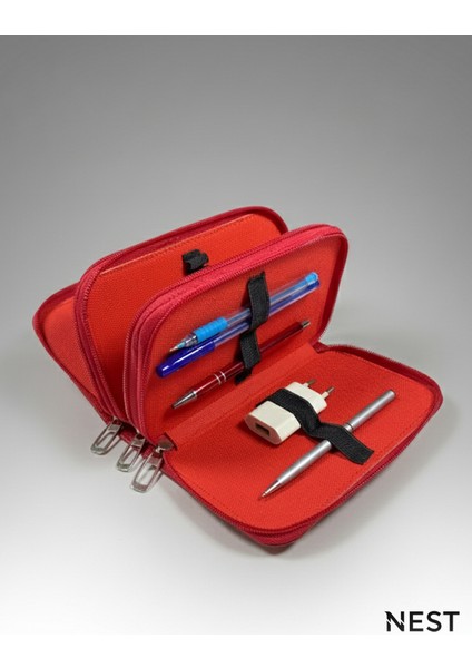 Sunii Deri Kırmızı 3 Fermuarlı Kalemlik, Cüzdan, Kadın Cüzdanı