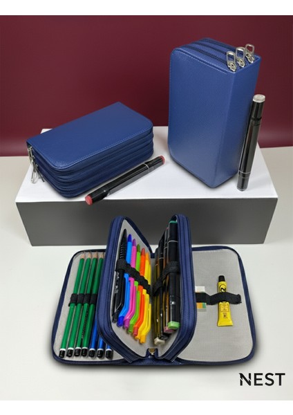 Sunii Deri Lacivert 3 Fermuarlı Kalemlik, Cüzdan, Kadın Cüzdanı