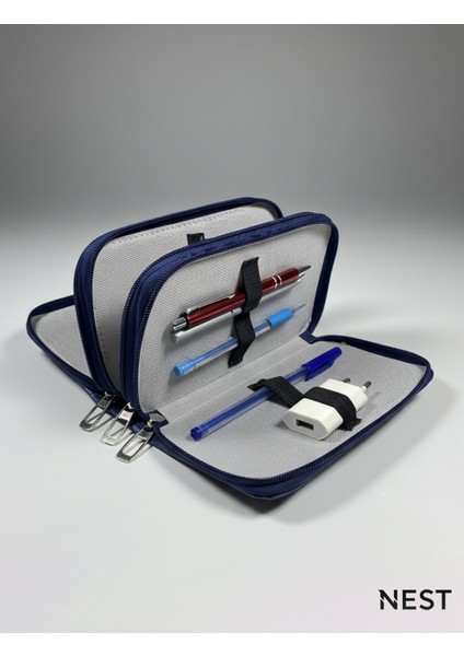 Sunii Deri Lacivert 3 Fermuarlı Kalemlik, Cüzdan, Kadın Cüzdanı